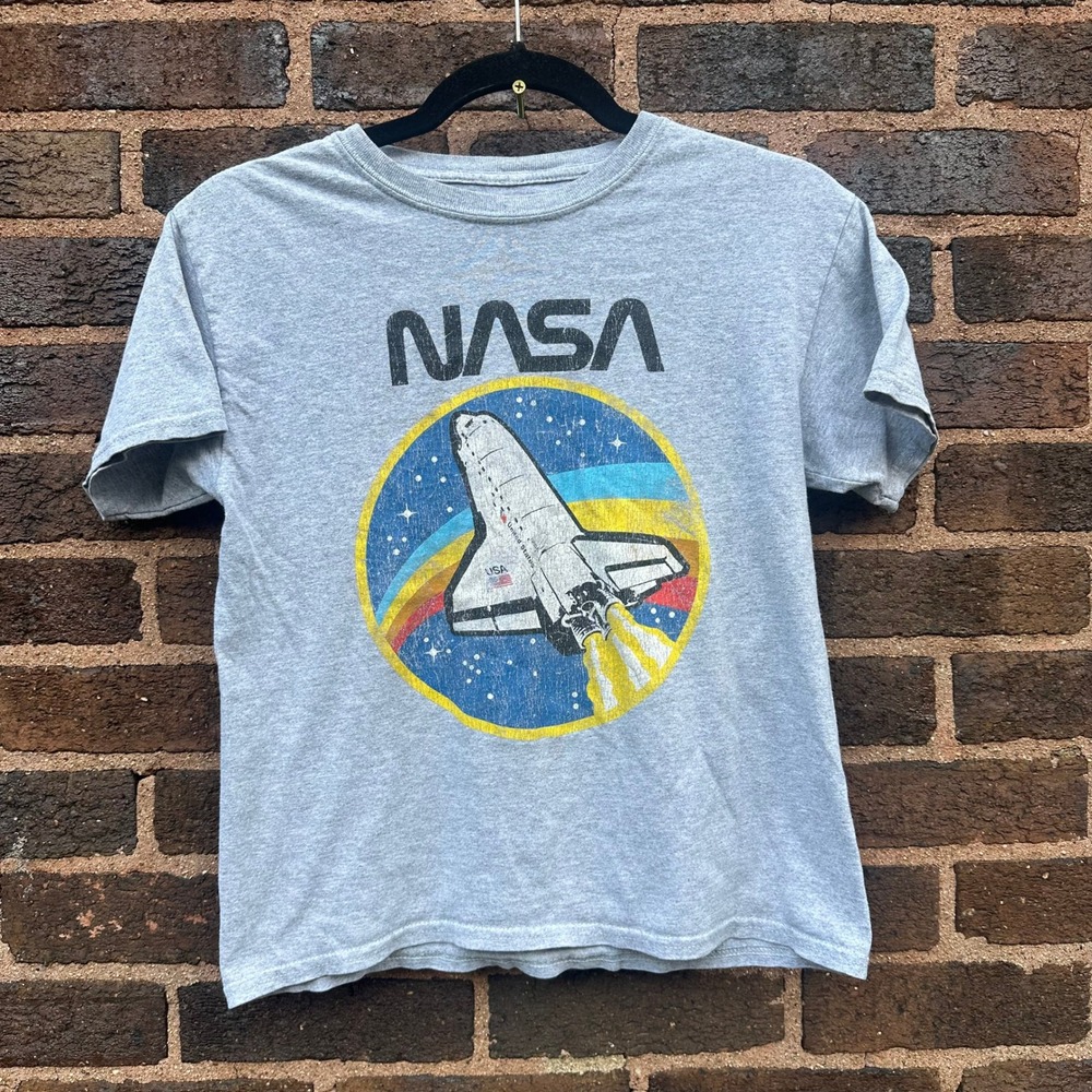 NASA Youth L Gray Space Shuttle Graphic T Shirt Distressed Retro Space Tee